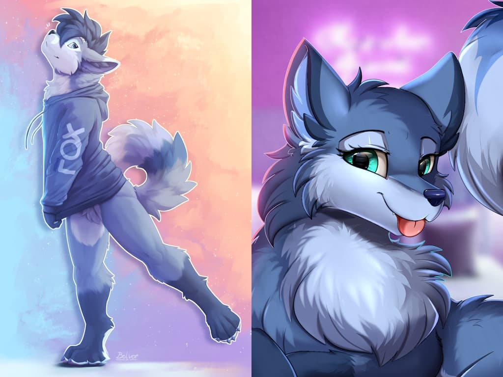 On the left: a digital drawing of an anthropomorphic canine character with blue fur (light blue markings), cyan eyes, and dark blue hair sitting on a ledge wearing a dark blue collar and rainbow-coloured arm and leg warmers. / On the right: a digital portrait drawing of a vixen with blue fur and cyan eyes, in front of a pink background. She is looking directly at you with a stuck out tongue.